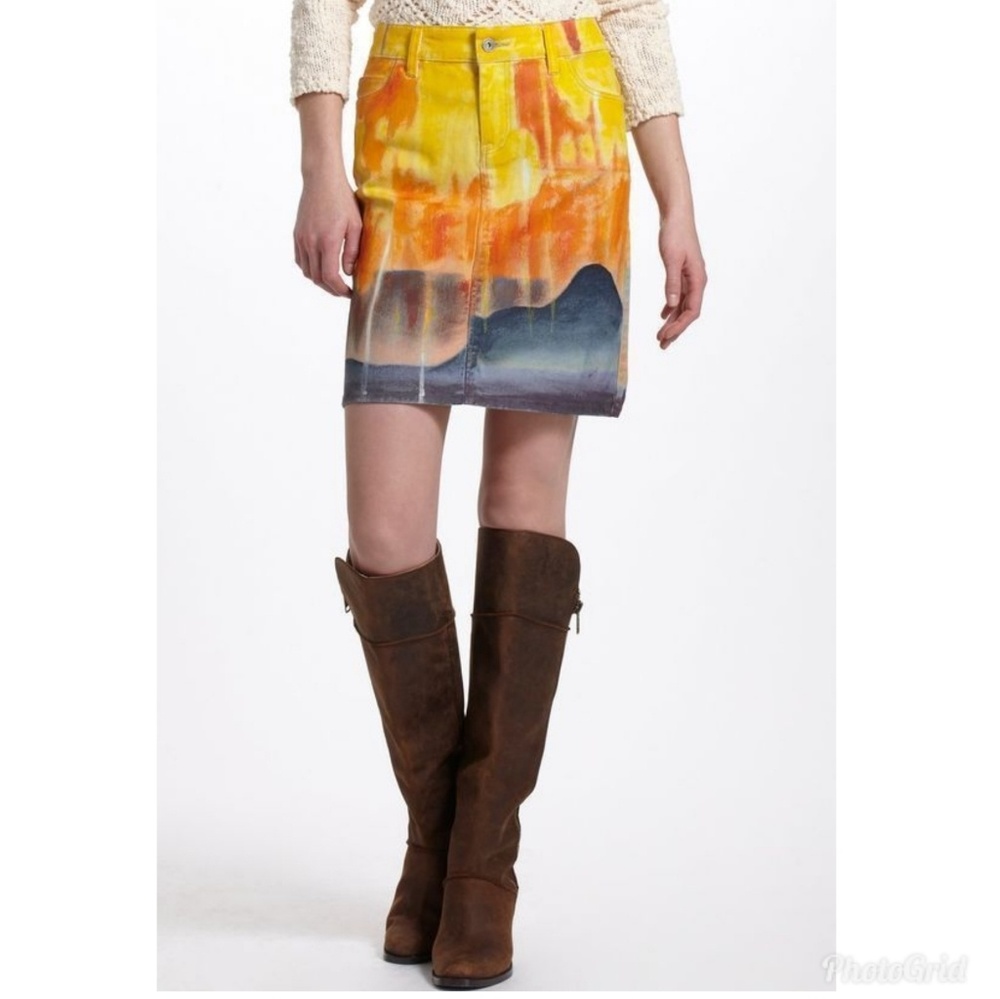 Anthro Hand Painted Denim Pencil Skirt Summer Sun In The Mountain Air Size 29